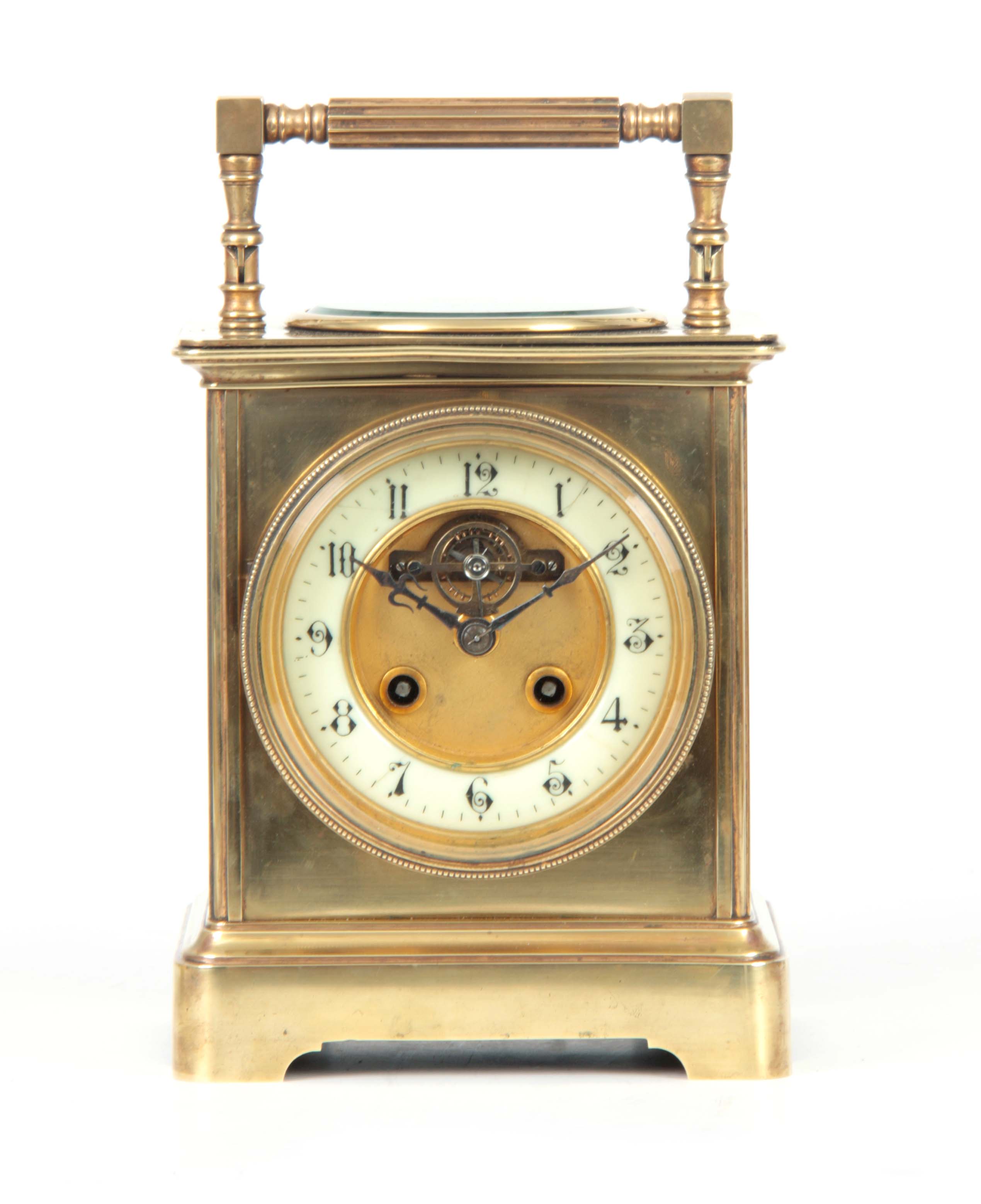 A LARGE LATE 19TH CENTURY FRENCH CARRIAGE STYLE MANTEL CLOCK the brass case surmounted by a reeded