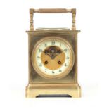 A LARGE LATE 19TH CENTURY FRENCH CARRIAGE STYLE MANTEL CLOCK the brass case surmounted by a reeded