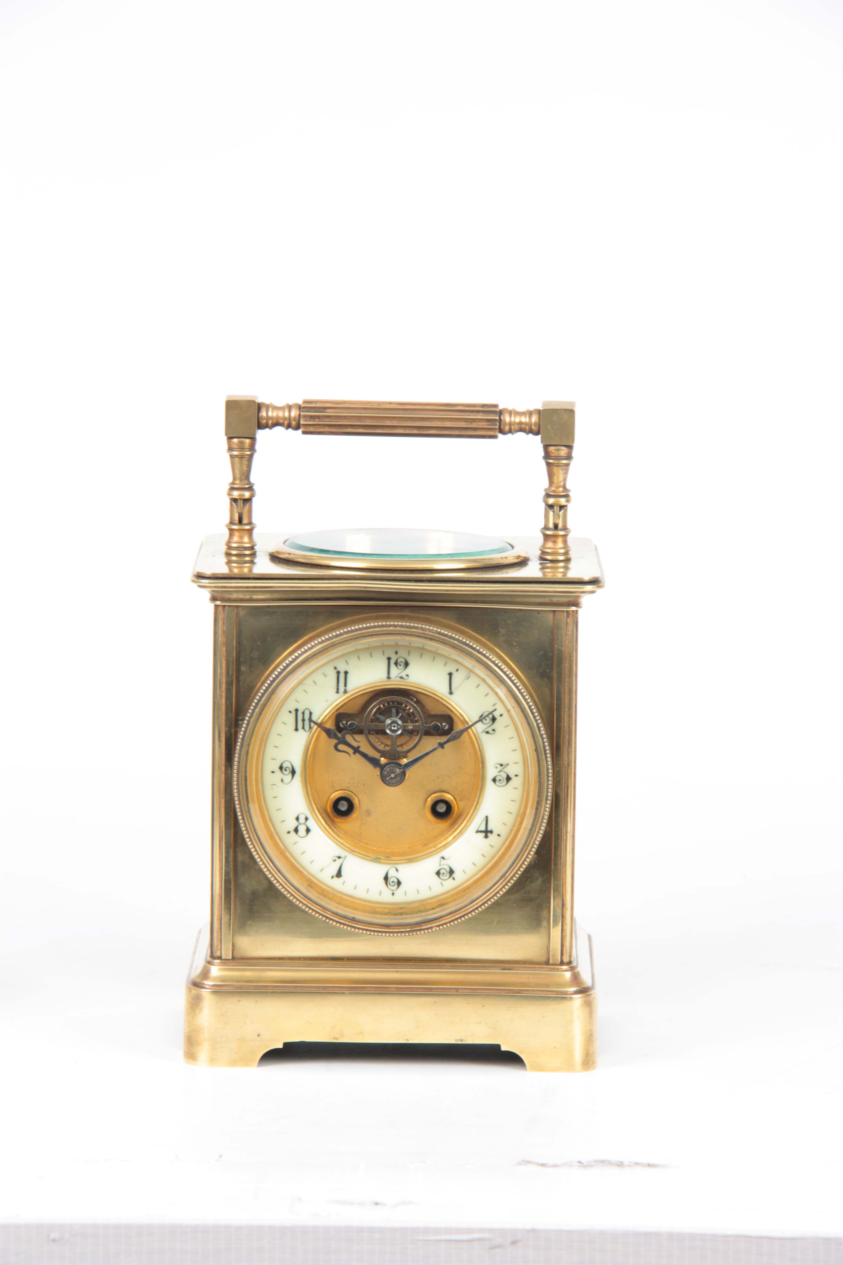 A LARGE LATE 19TH CENTURY FRENCH CARRIAGE STYLE MANTEL CLOCK the brass case surmounted by a reeded - Image 2 of 6