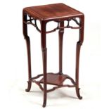 A 19TH CENTURY CHINESE HARDWOOD JARDINIERE STAND with square panelled top above shaped square carved