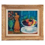AN EARLY 20TH CENTURY REVERSE PAINTED OIL PAINTING depicting a still life of fruit,