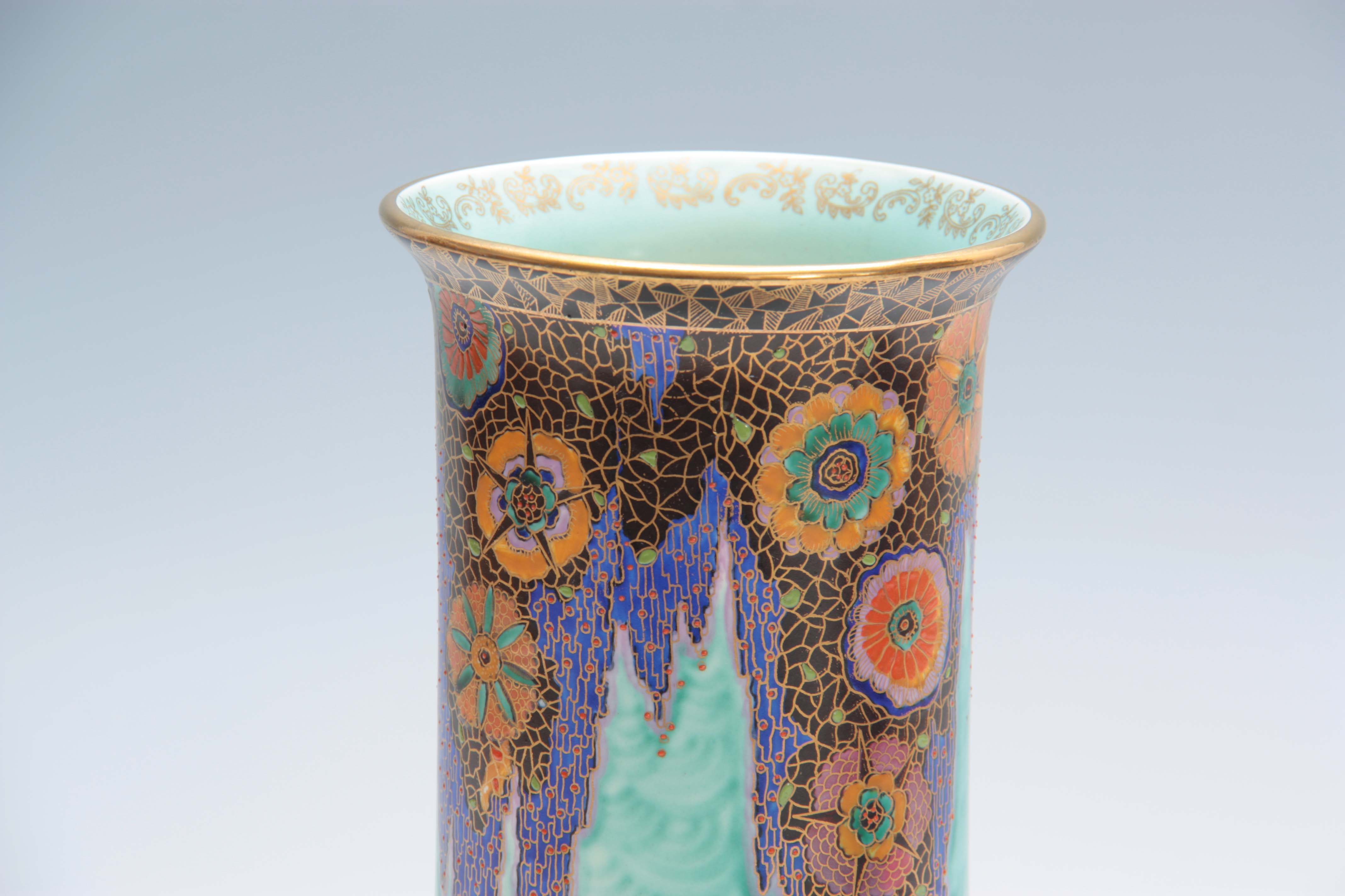 A CROWN DEVON FIELDINGS CYLINDRICAL VASE WITH BULBOUS BASE decorated enamelled flower heads on a - Image 2 of 5