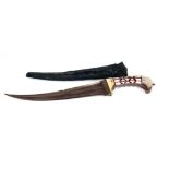 A 19TH CENTURY PESH KABZ INDIAN DAGGER with 10" fullered curved steel blade and mother of pearl