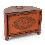 A RARE GEORGE III SHERATON STYLE BOW FRONTED REVOLVING BURR ELM AND MARQUETRY SEWING BOX / TEA CADDY