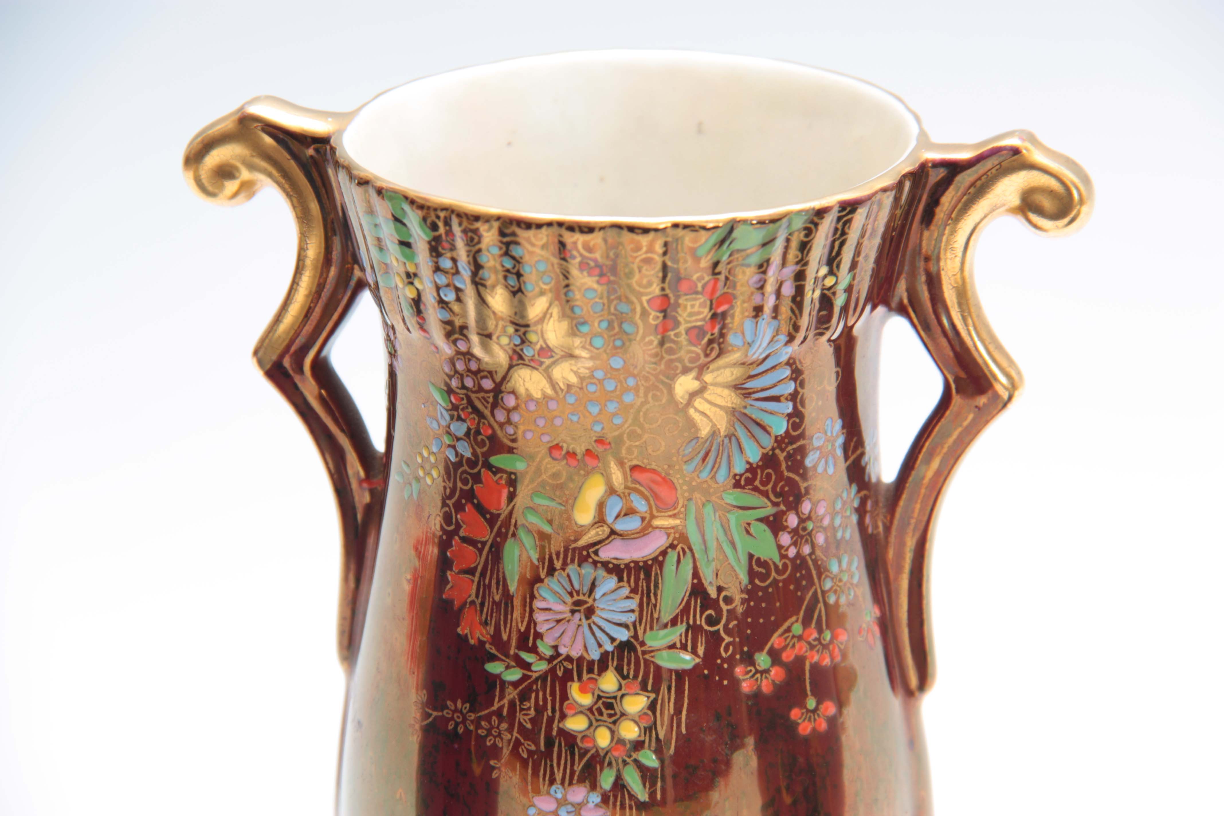 A PAIR OF CROWN DEVON FANTAZIA OVOID VASES decorated in vibrant leafing flower sprays and birds on a - Image 3 of 7