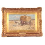JAMES W. BOOTH 1867 - 1953 Oil on Canvas Harvesting 26.5cm high 44.5cm wide signed leaf moulded gilt