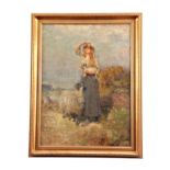 LATE 19TH CENTURY HEAVY IMPASTO OIL ON CARD continental Shepherdess in landscape setting 71cm high