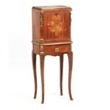 A 20TH CENTURY KINGWOOD AND ROSEWOOD BANDED SMALL SECRETAIRE CABINET the floral marquetry inlaid