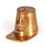 A LATE 19TH CENTURY NOVELTY INKWELL FORMED AS A SHAKO RIFFLEMANS HAT with an applied crown to the