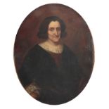 AN LATE 16TH / EARLY 17TH CENTURY OVAL HALF LENGTH OIL ON CANVAS PORTRAIT OF AN ELDERLY LADY with
