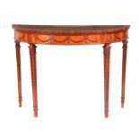 A FINE GEORGE III DEMI-LUNE PURPLE-HEART AND SATINWOOD MARQUETRY INLAID SERVING TABLE IN THE