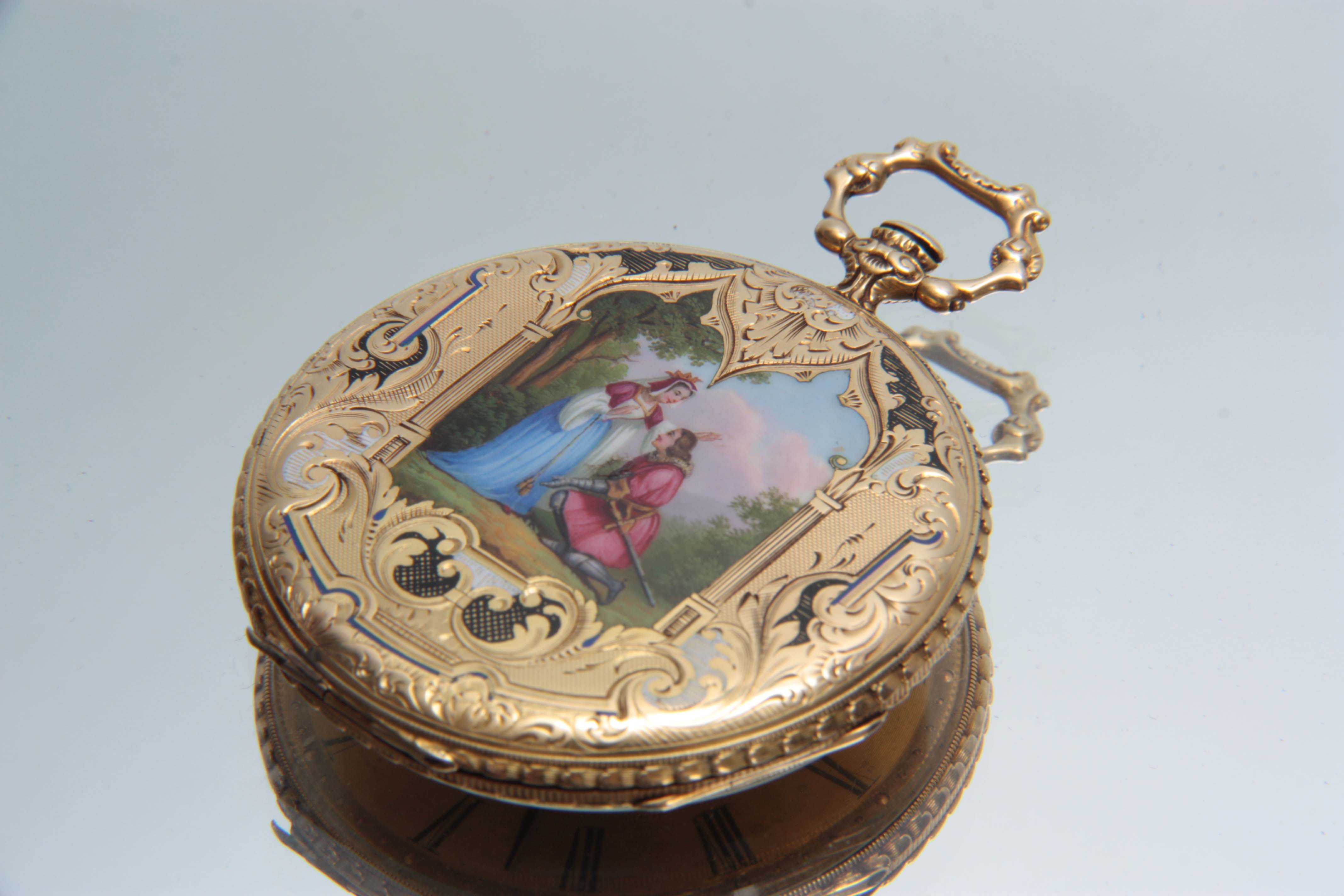 ROBIN, A PARIS. A LATE 19TH CENTURY 18CT GOLD AND ENAMEL POCKET WATCH the outer case back finely - Image 3 of 6