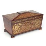 A REGENCY SARCOPHAGUS BRASS INLAID ROSEWOOD TEA CADDY with hinged lid revealing a fitted interior
