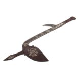 AN UNUSUAL LATE 18TH CENTURY INDIAN THROWING AXE with silver inlaid decoration 64cm overall.