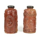 AN UNUSUAL PAIR OF 19TH CENTURY SALT GLAZED STONEWARE LIDDED SHOP CANISTERS - probably for snuff