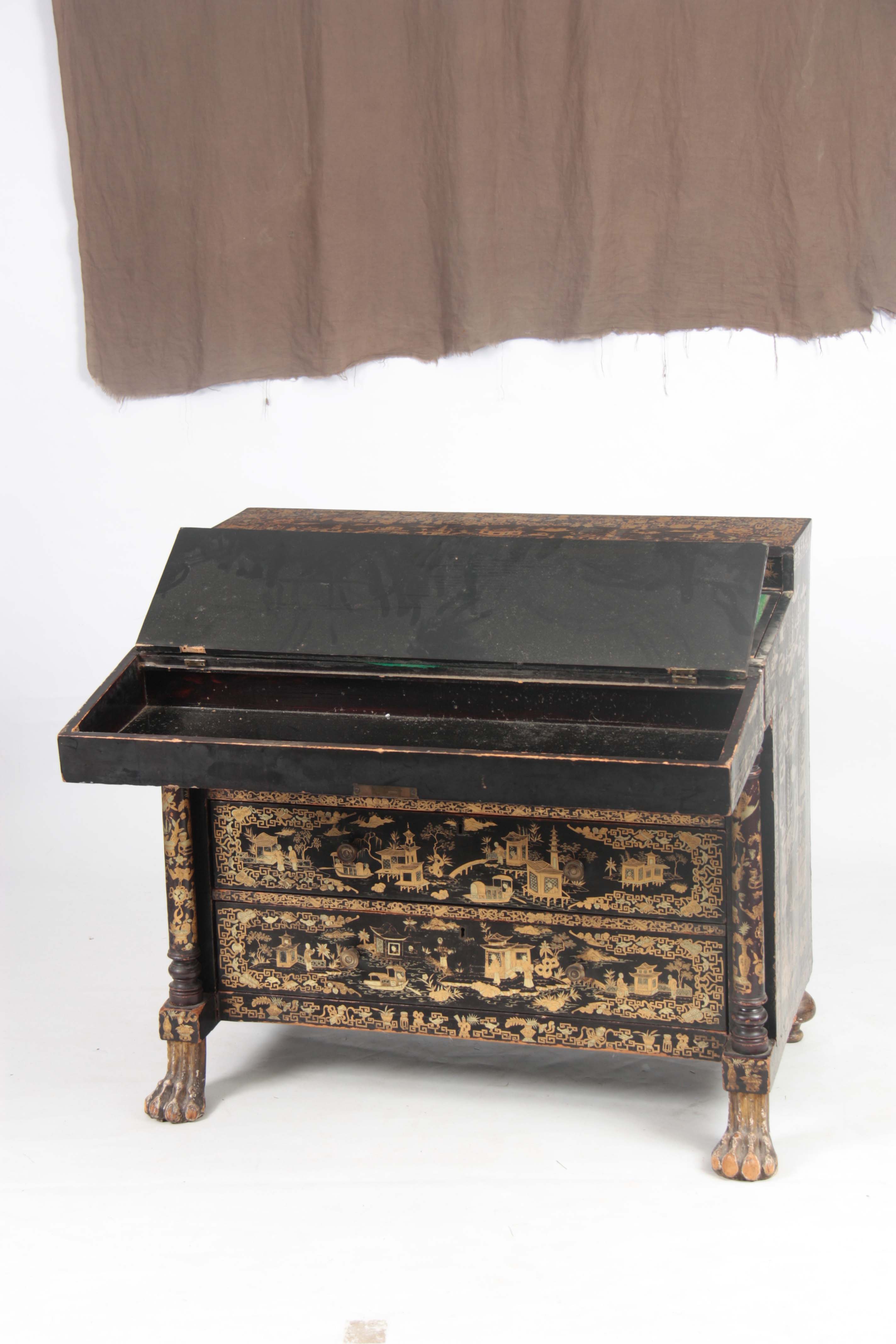 AN UNUSUAL 19TH CENTURY ANGLO CHINESE LACQUERED SECRETAIRE CHEST decorated with pagodas and - Image 13 of 13