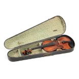 A GOOD 19TH CENTURY VIOLIN labelled "John Baptist 1813" length of back 36.2cm in a wooden case.