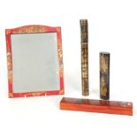 A RED LACQUER CHINOISERIE EASEL MIRROR with bevelled glass 23cm wide 30cm high, A RED LACQUERWORK