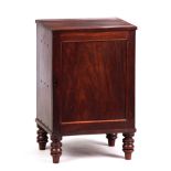 A GEORGE III MAHOGANY COLLECTORS CABINET with panelled hinged door revealing nine small drawers;