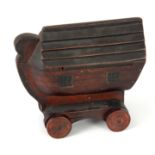 AN UNUSUAL 19TH CENTURY NOVELTY PAINTED WOOD TABLE SNUFF BOX FORMED AS AN ARK with rotating roof