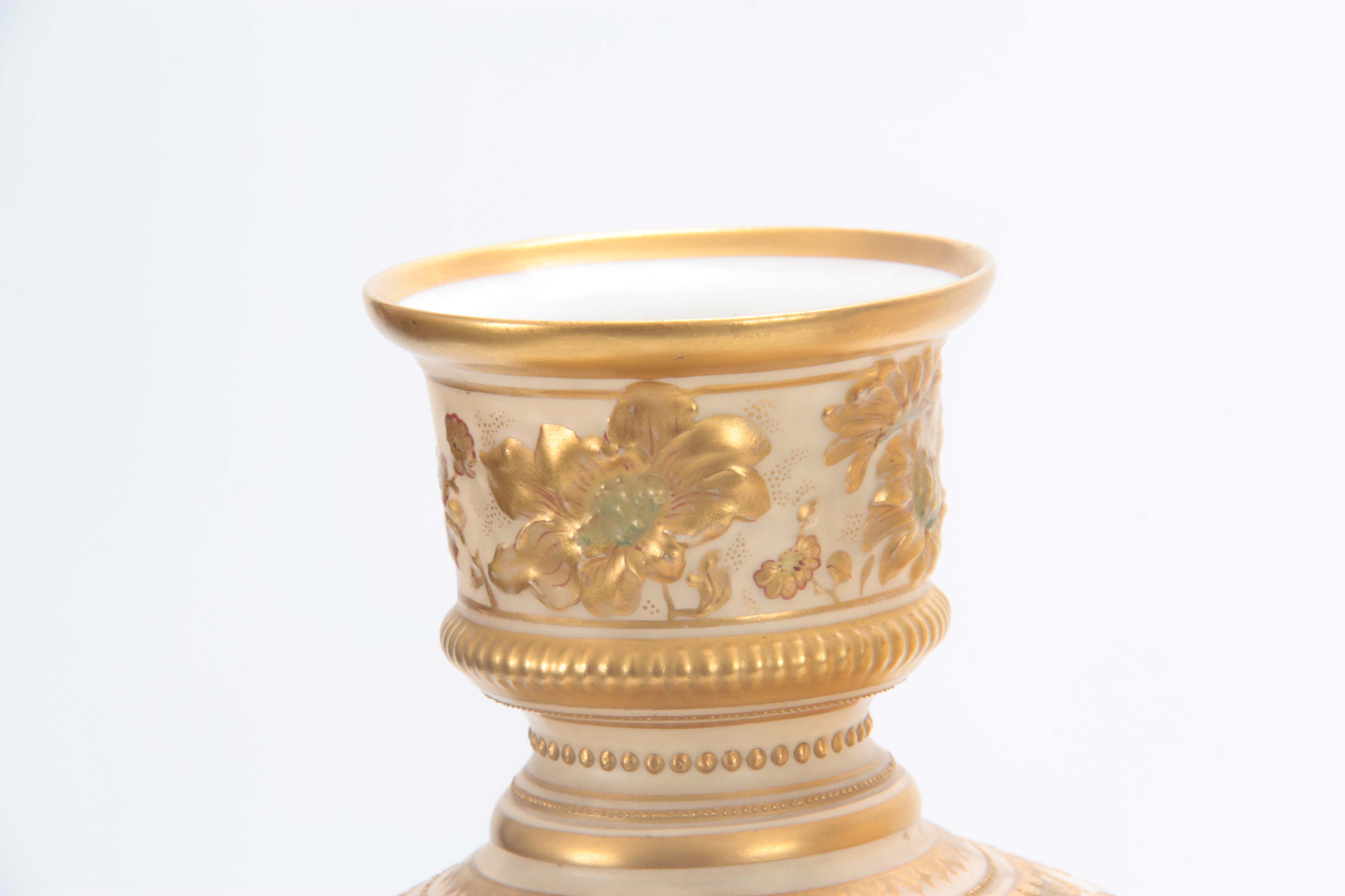 A PAIR OF ROYAL CROWN DERBY LARGE BLUSHED IVORY CABINET VASES with gilt edged flower head moulded - Image 4 of 10