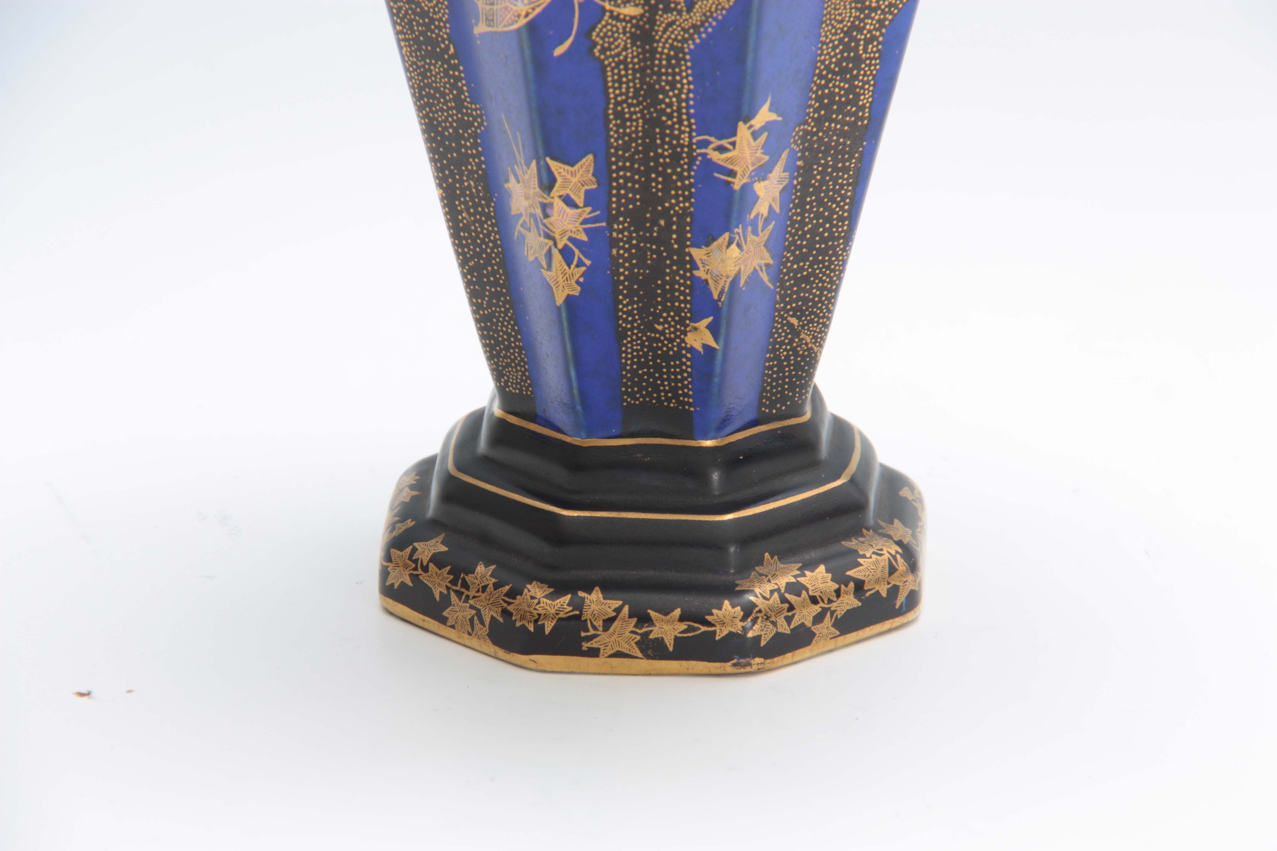 A CROWN DEVON FIELDINGS FLARED FOOTED VASE of octagonal panelled form, royal blue and black ground - Image 3 of 5