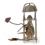 A LARGE LATE 17TH CENTURY LANTERN CLOCK MOVEMENT of posted brass framed weight driven form with