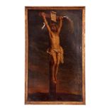 AN 18TH CENTURY OIL ON CANVAS The Crucifixion of Jesus Christ 58cm high, 34.5cm wide - in moulded
