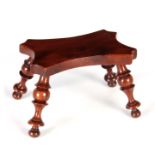 A 19TH CENTURY YEW WOOD MINIATURE STOOL the scalloped rectangular top on finely turned bulbous