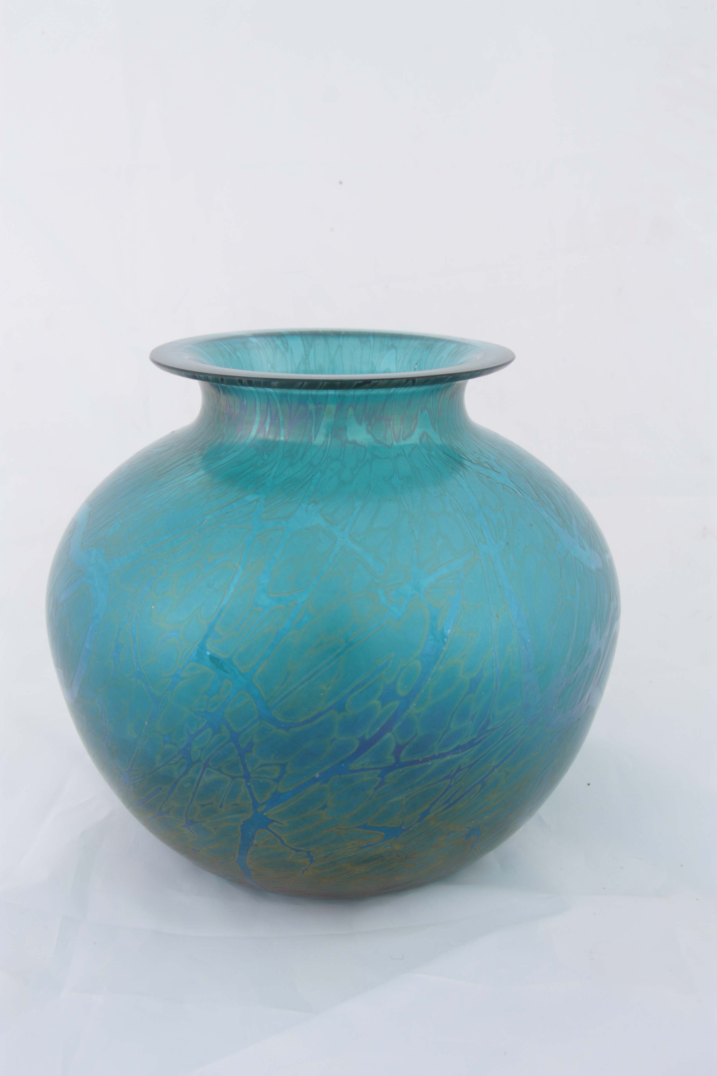 A ROYAL BRIERLEY IRIDESCENT GLASS VASE etched signature to the underside 15cm high 17cm diameter. - Image 2 of 6