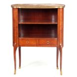 A LATE 19TH CENTURY FRENCH KINGWOOD KIDNEY SHAPED SIDE CABINET with open shelves and two small