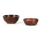 TWO 18TH CENTURY TREEN TURNED FRUITWOOD BOWLS 29cm diameter and 25cm diameter