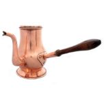 A GEORGIAN BALUSTER COPPER CHOCOLATE POT with seamed body, skirted foot and riveted side shank