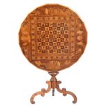 A 19th CENTURY ITALIAN WALNUT MARQUETRY INLAID SORRENTO OCCASIONAL TABLE with chessboard top,