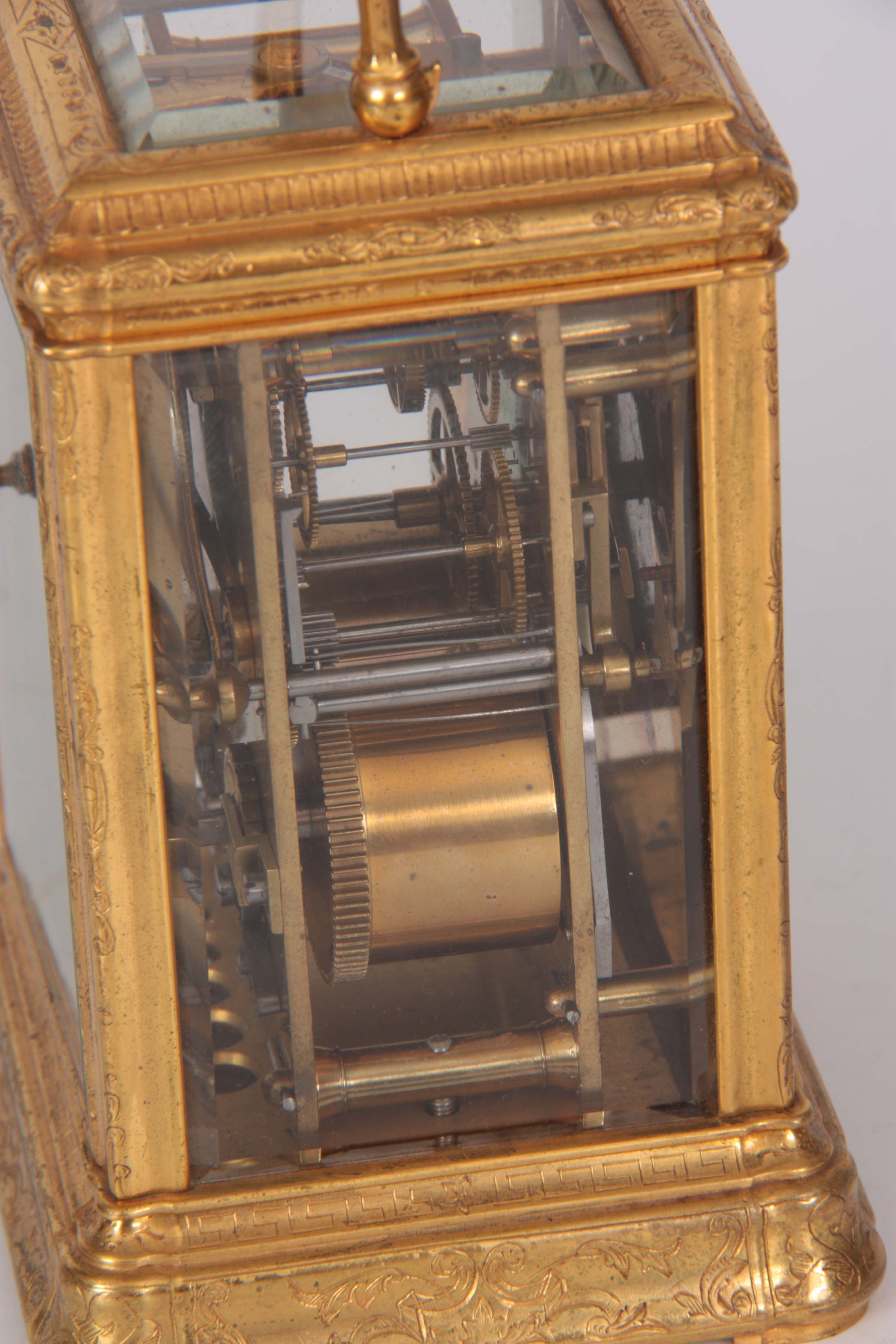 A 19TH CENTURY FRENCH GILT BRASS ENGRAVED GORGE CASE CARRIAGE CLOCK REPEATER with folding handle and - Image 5 of 7