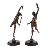 A PAIR OF EARLY 20TH CENTURY BRONZE SCULPTURES OF MERCURY AND VENUS mounted on octagonal moulded
