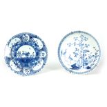A 19TH CENTURY CHINESE BLUE AND WHITE DISH decorated with Cranes and trees 29cm diameter, together