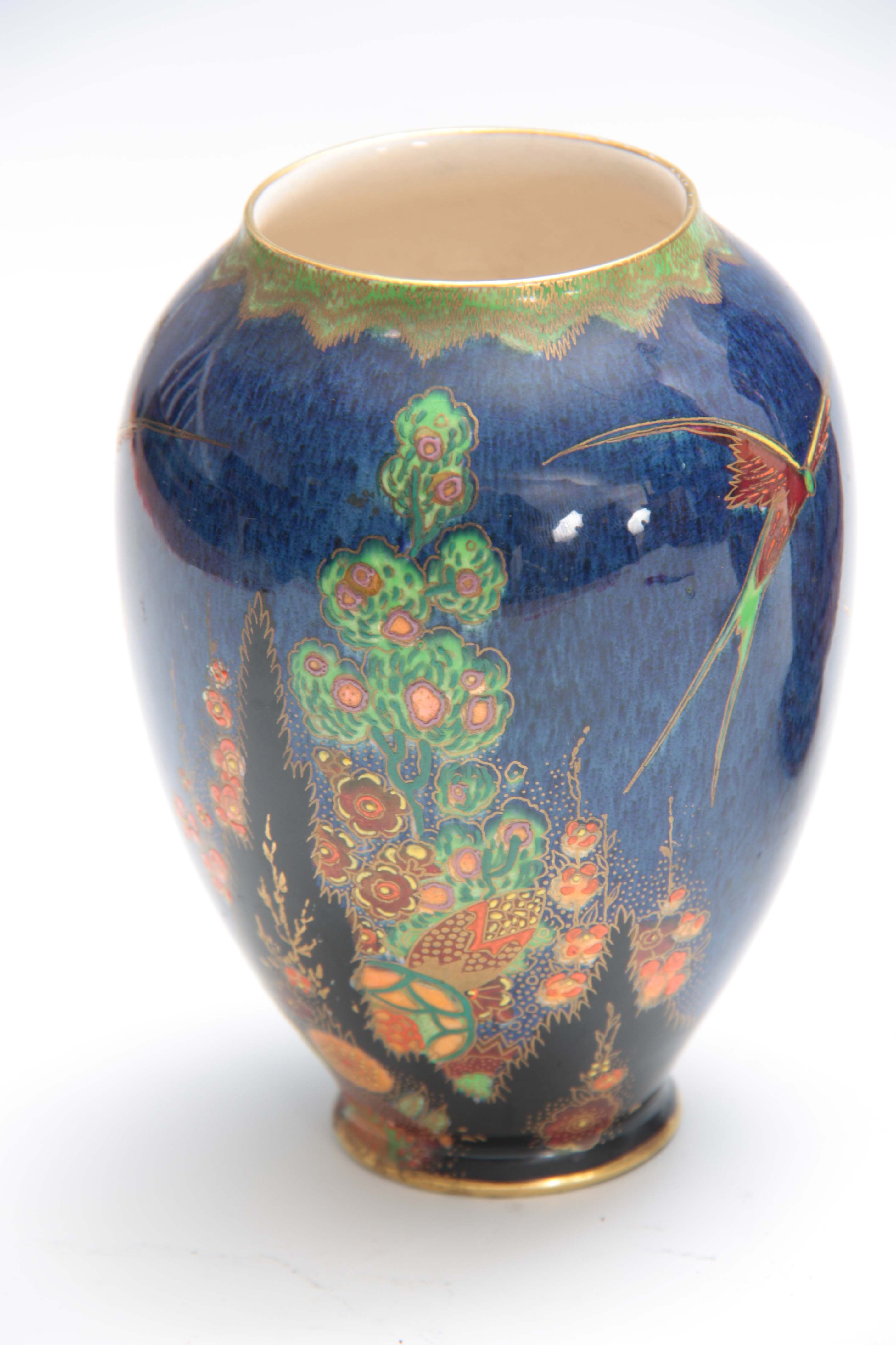 A PAIR OF CROWN DEVON FANTAZIA OVOID VASES decorated in vibrant leafing flower sprays and birds on a - Image 4 of 7