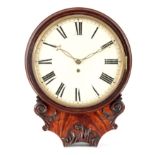 A FIGURED MAHOGANY DROP DIAL FUSEE WALL CLOCK having applied carved decoration and a moulded
