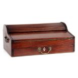 A GEORGE III MAHOGANY TAMBOUR PULL OUT WRITING BOX with pull forward drawer revealing the tambour