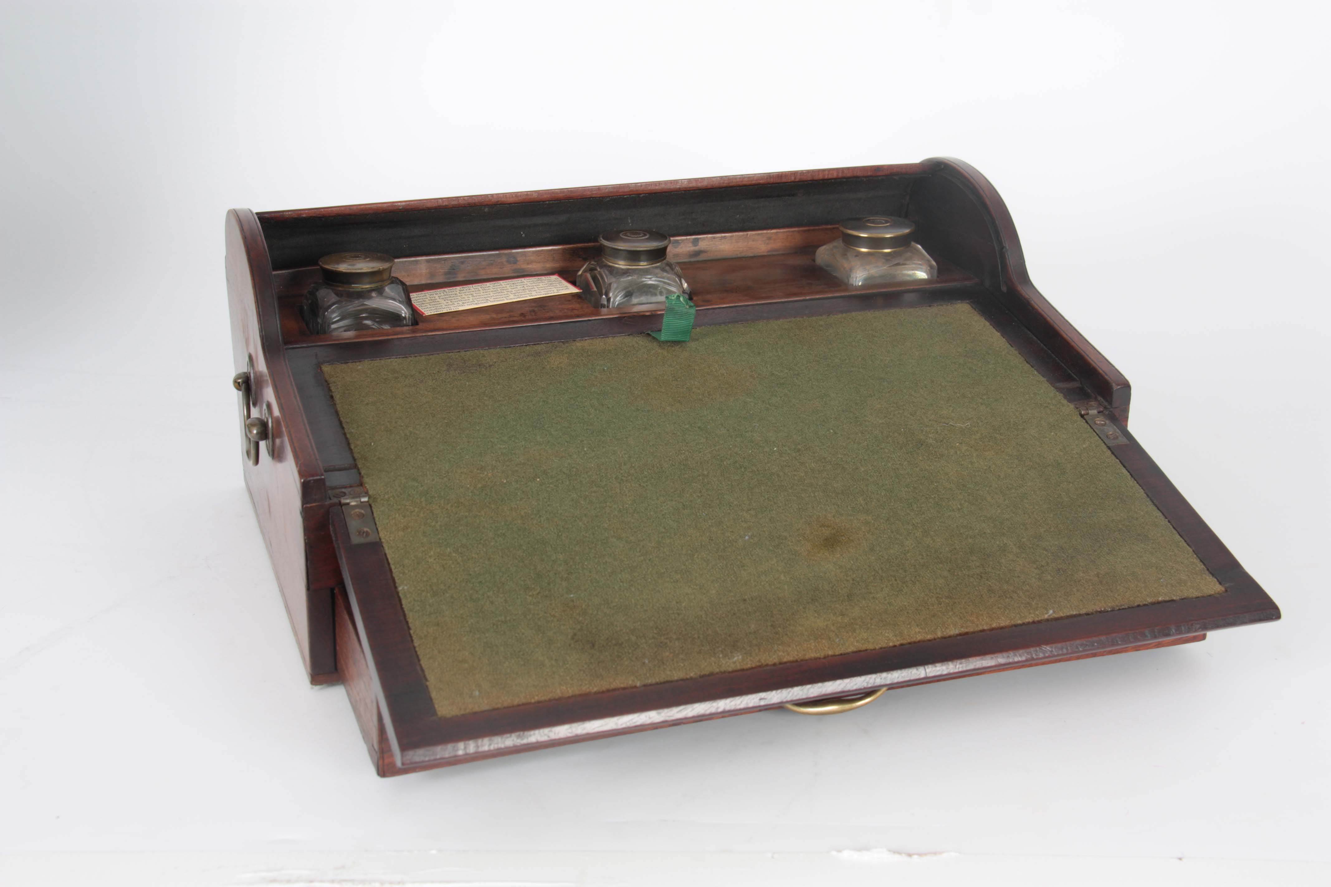 A GEORGE III MAHOGANY TAMBOUR PULL OUT WRITING BOX with pull forward drawer revealing the tambour - Image 7 of 12
