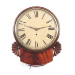 A 19TH CENTURY FIGURED MAHOGANY 8" CONVEX FUSEE DIAL CLOCK the dropbox style case with carved fan