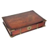 AN EARLY 18TH CENTURY INDO PORTUGESE HARDWOOD TABLE BOX with finely engraved and cut brass strap