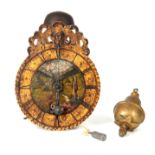 AN 18TH CENTURY GERMAN PAINTED IRON HOOK AND SPIKE WALL CLOCK the 8.5" painted dial with Roman