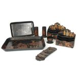 A SELECTION OF 19TH CENTURY ORIENTAL BLACK LACQUER AND CHINOISERIE ITEMS including THREE LETTER