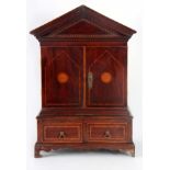 A LATE 19TH CENTURY INLAID MAHOGANY APPRENTICE PIECE MINIATURE PRESS with architectural pediment