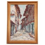 A 19TH CENTURY OIL ON CANVAS of a Mediterranean street scene in gilt moulded frame - indistinctly