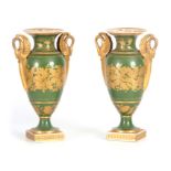 A PAIR OF BLOOR DERBY CLASSICAL SQUARE BASE SLENDER OVOID VASES with flared necks and gilt swans