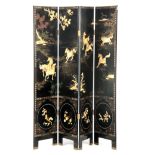 AN EARLY 20TH CENTURY CHINESE BLACK LACQUERWORK FOUR SECTION SCREEN having mother-of-pearl