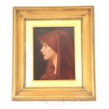 19TH CENTURY OIL ON MAHOGANY BOARD Pre Raphaelite side Portrait of a young lady wearing a hooded red